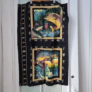 Vintage Trout Fishing Fabric Panel Black Multicolor 35in